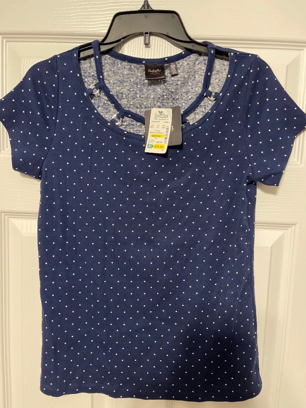 NWT Rafaela 100% cotton navy polka dot decorative tee